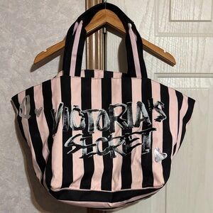 Victoria's Secret Black and Pink Striped Tote